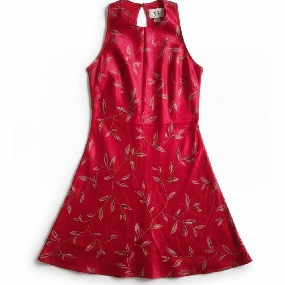 90s VTG 5·7·9 Crimson Satin Jacquard Mini Dress 🍒✨